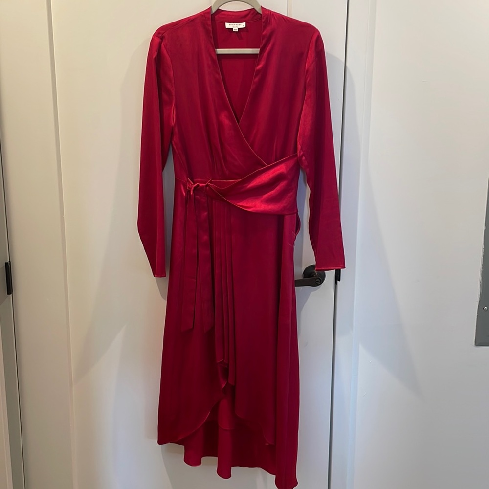 Silk Asymmetrical Pink midi wrap dress with zipper closer. The waist